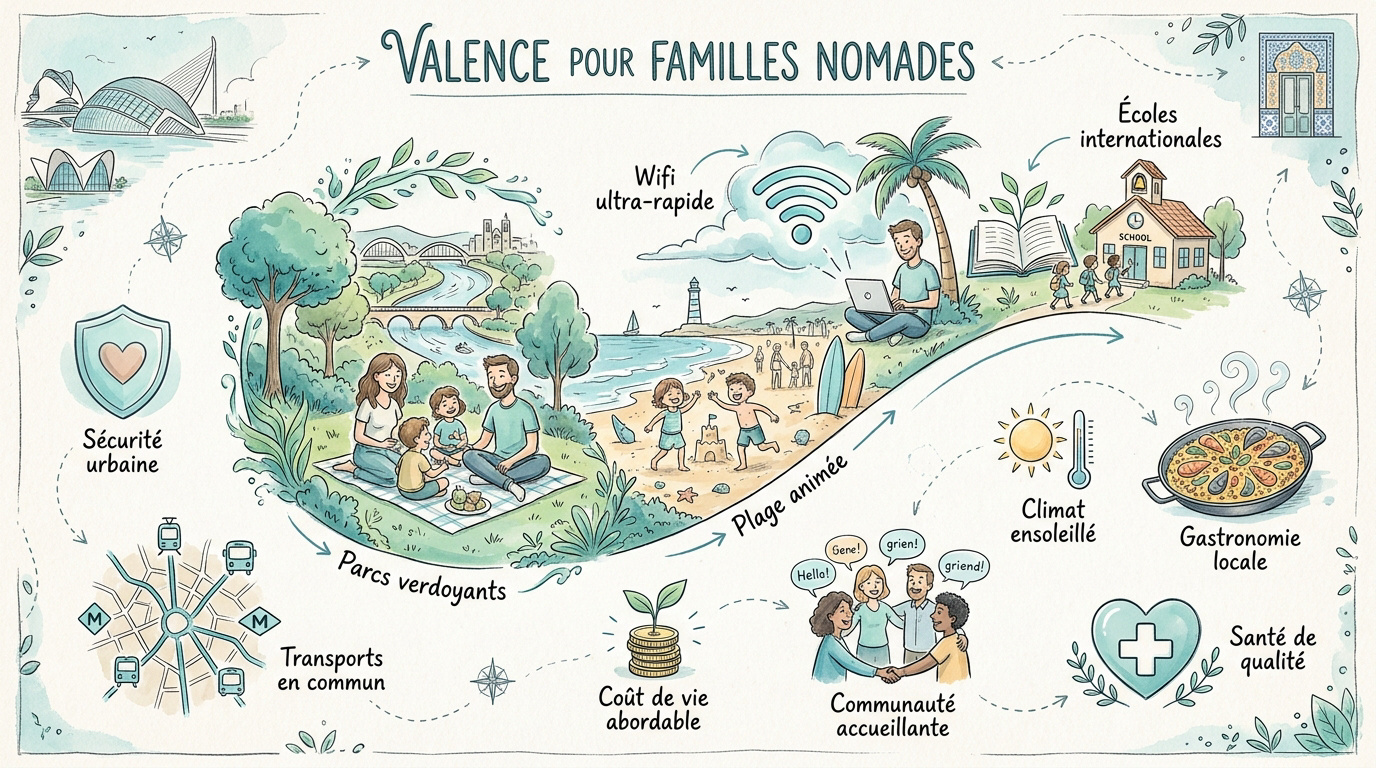Famille de nomades numériques profitant d'un parc ensoleillé à Valence