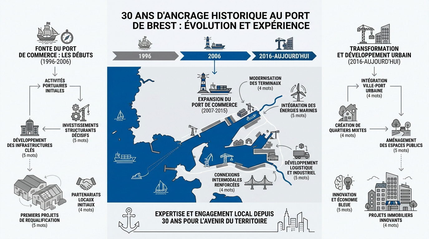 Vue aérienne du port de commerce de Brest illustrant 30 ans d'expertise immobilière locale