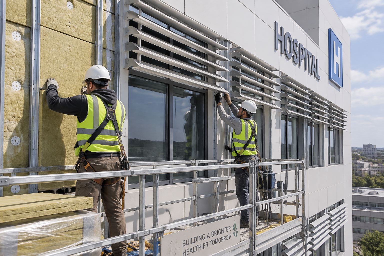 Ouvriers installant des protections solaires et une isolation sur la façade d'un hôpital.