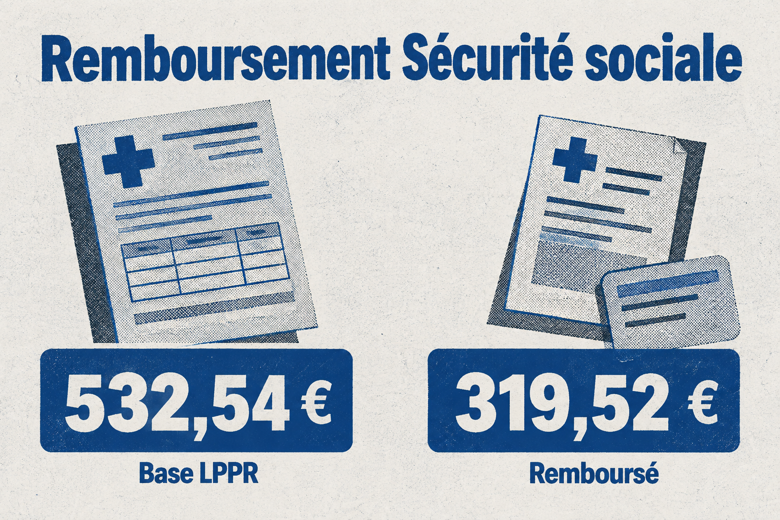 Infographie montrant la base de remboursement LPPR (532,54 €) et le montant remboursé par la Sécurité sociale (319,52 €).