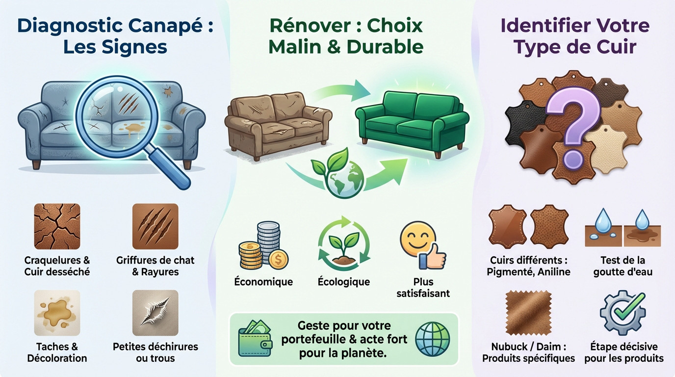 Rénover un canapé cuir : les étapes pour le sauver 2 Infographie diagnostic usure et identification du type de cuir pour rénovation
