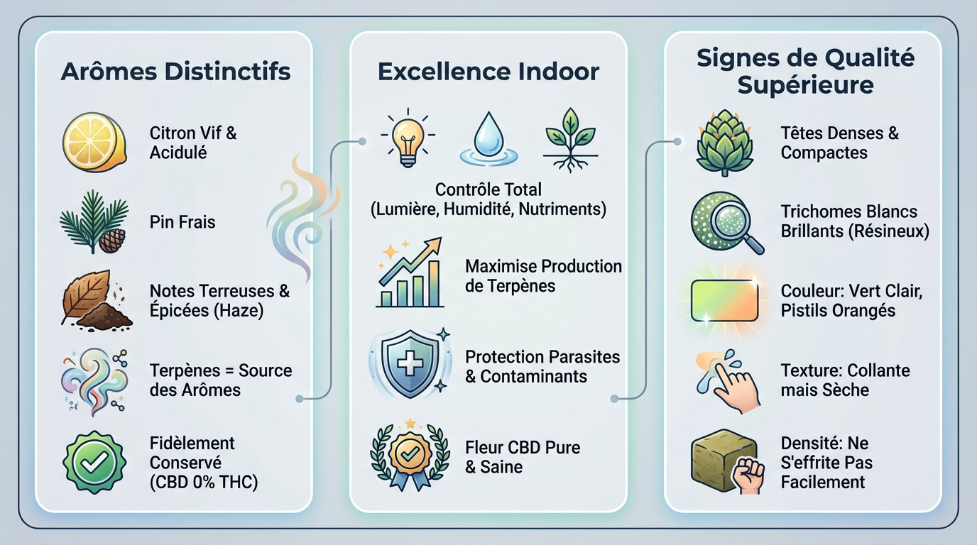 Fleur Amnesia CBD dense avec trichomes blancs et pistils orangés