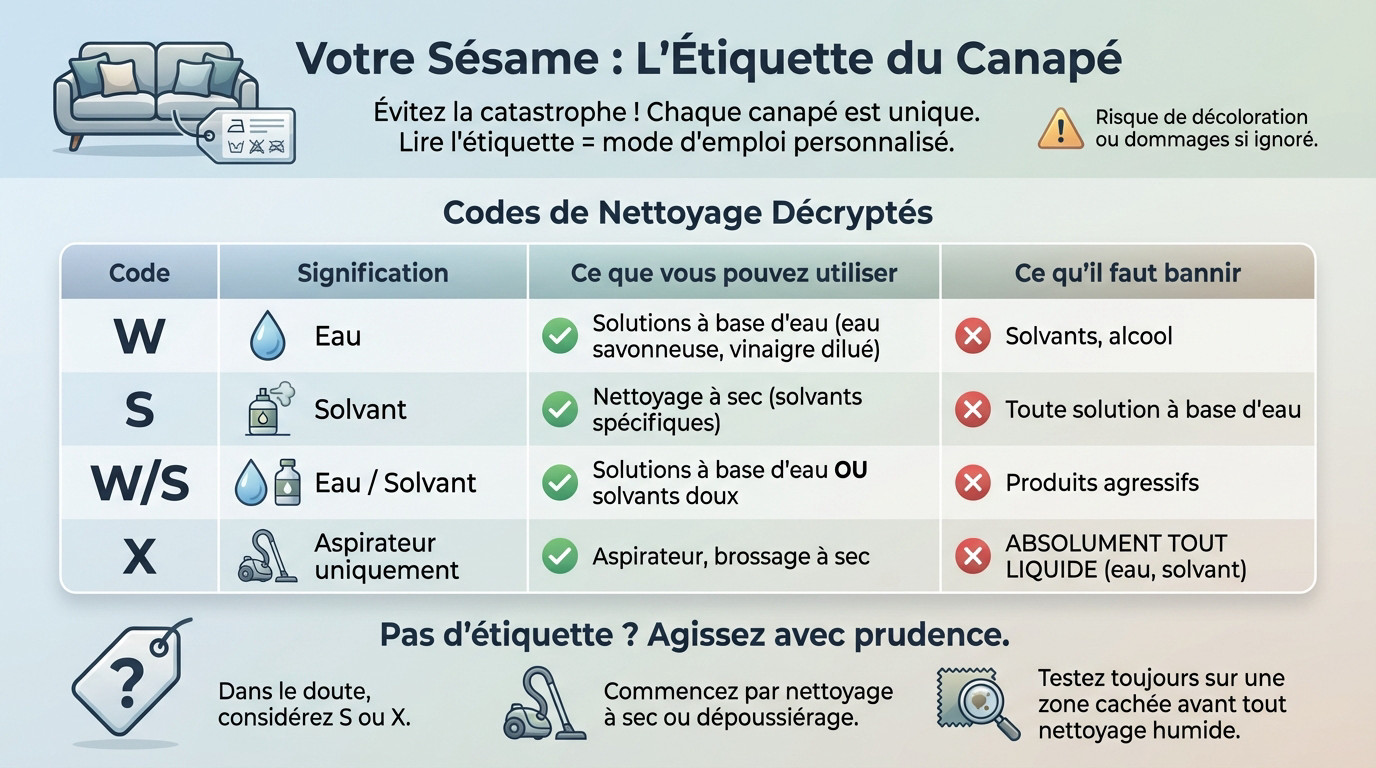 Femme vérifiant l'étiquette d'entretien sur un canapé en microfibre avant nettoyage