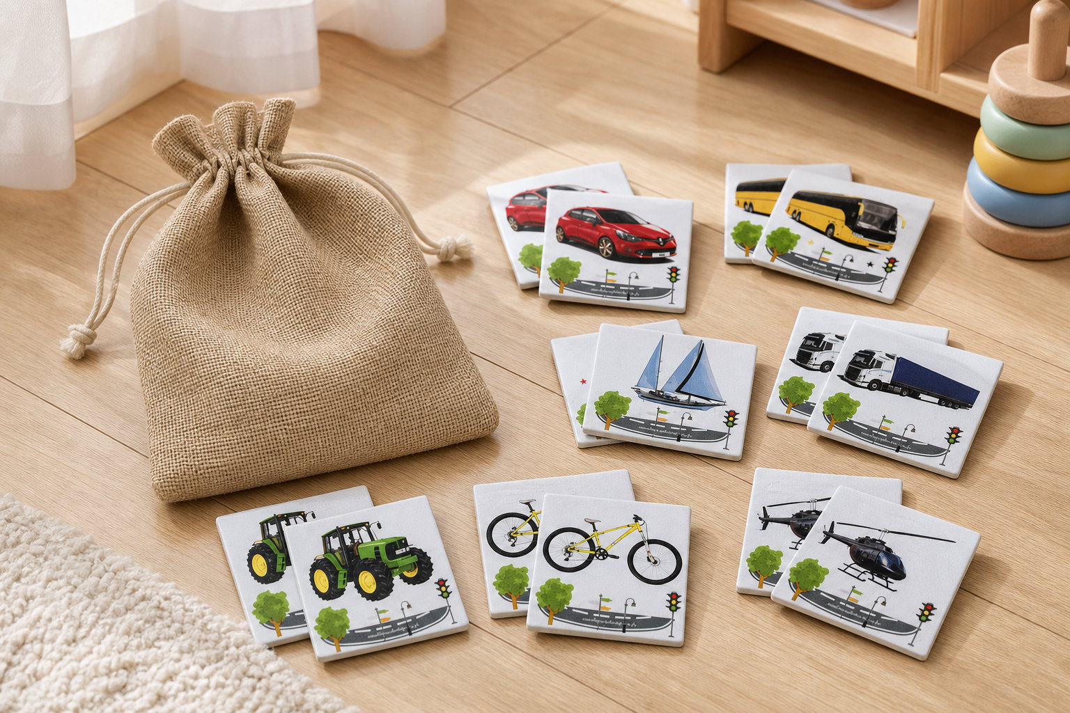 Jeu memory enfant en tissu véhicules