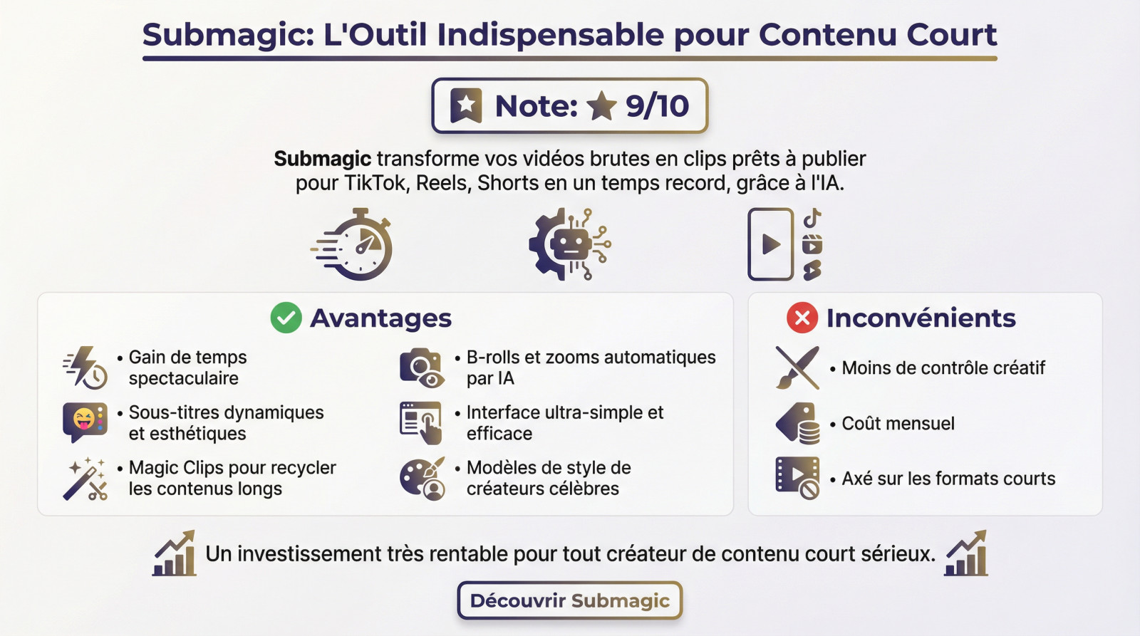 Interface de Submagic générant des <strong>sous-titres automatiques et des b-rolls</strong> pour une vidéo short