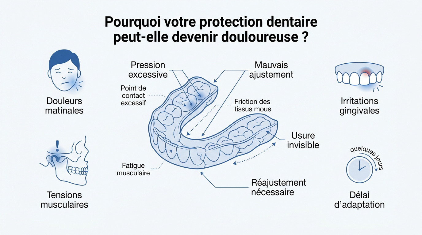 Gouttière dentaire posée sur un modèle de mâchoire pour illustrer les causes de douleur