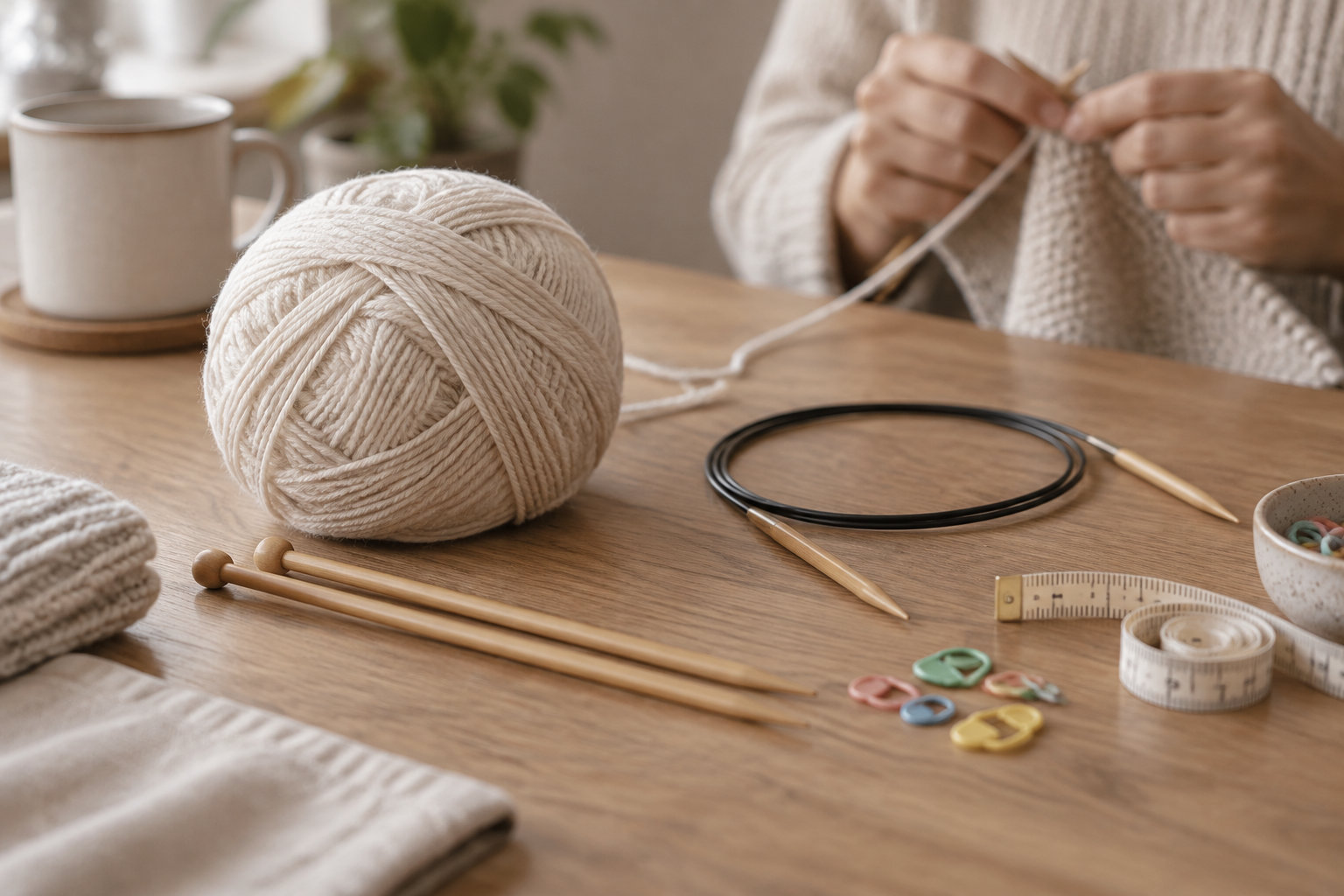 Une personne tricote un ouvrage en laine claire à une table en bois, où sont posés une pelote, des aiguilles, des marqueurs et un mètre ruban.