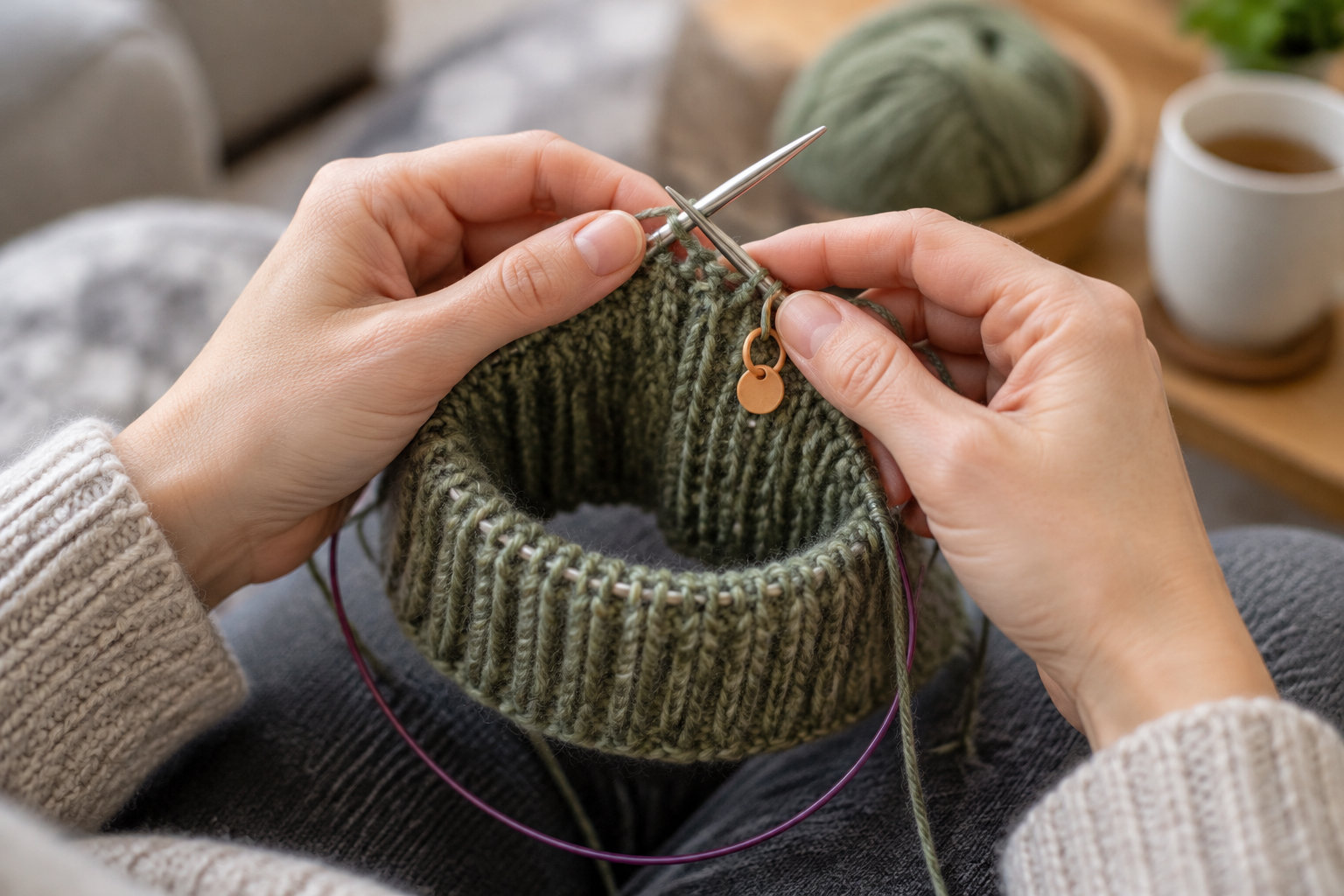 Deux mains tricotent un ouvrage en laine verte avec des aiguilles circulaires, près d’une tasse de thé et d’une pelote.
