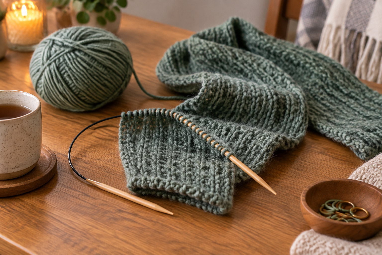 Une pelote de laine verte et un ouvrage en tricot sur des aiguilles circulaires sont posés sur une table en bois, près d’une tasse de thé et d’un petit bol.