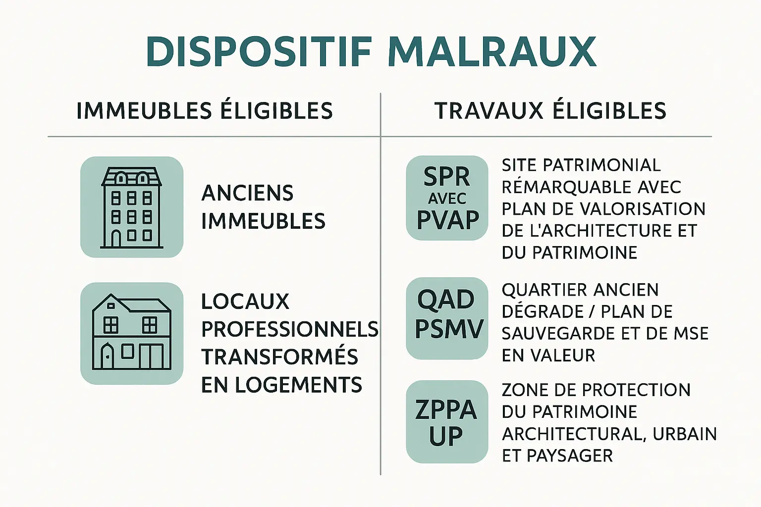 Infographie illustrant les biens éligibles et les travaux concernés par le dispositif Malraux, montrant les types de biens (logements anciens, locaux professionnels transformés) et les zones éligibles (SPR avec PVAP, QAD/PSMV).