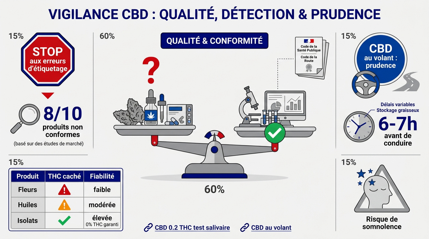 Contrôle routier et flacons de CBD illustrant la vigilance nécessaire