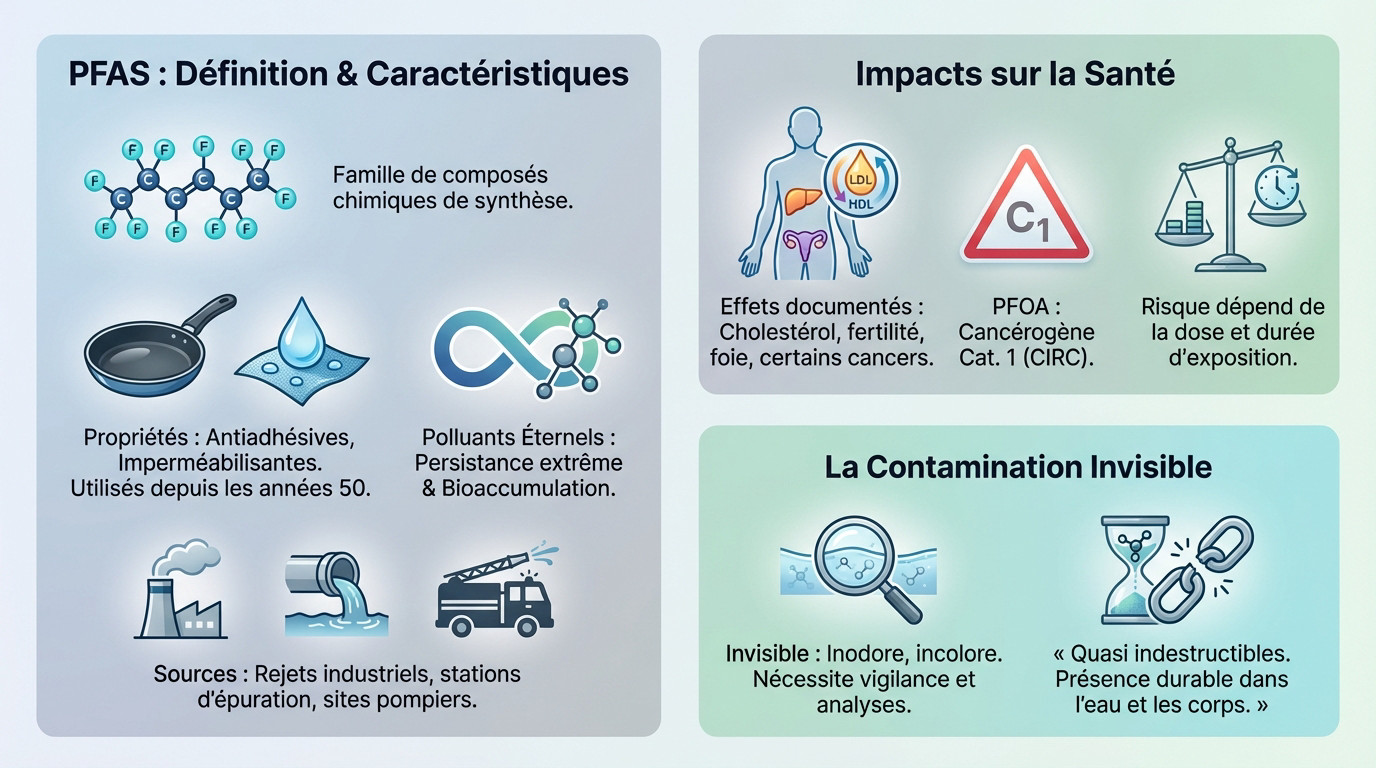 Schéma explicatif des PFAS, leurs <strong>sources de contamination</strong> et les risques sanitaires associés