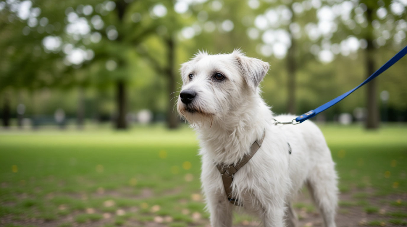 Chien blanc en laisse dans un parc, séance de marche au pied en milieu avec distractions