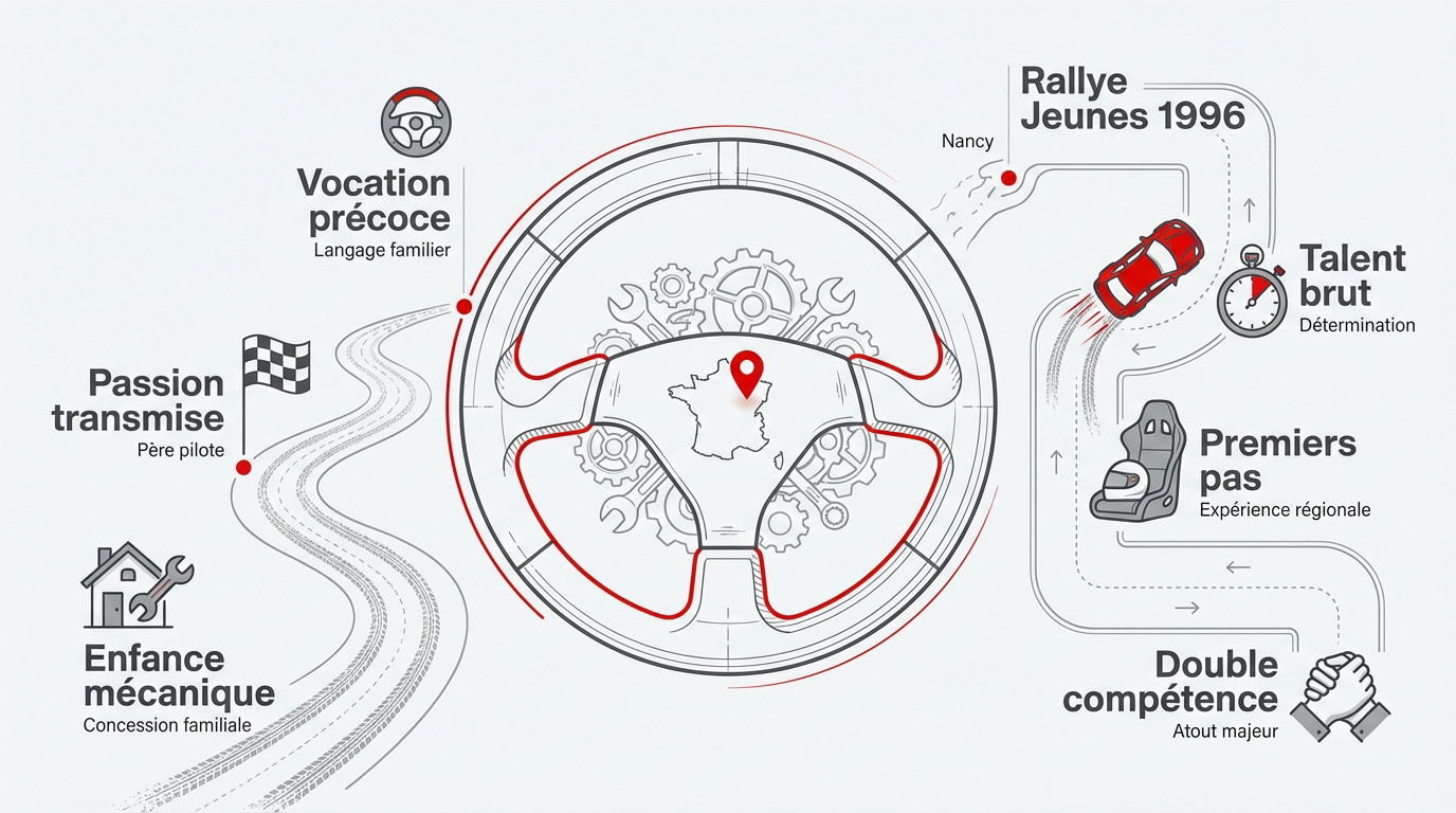 Séverine Mény au volant d'une voiture de rallye illustrant sa passion pour la mécanique et la course