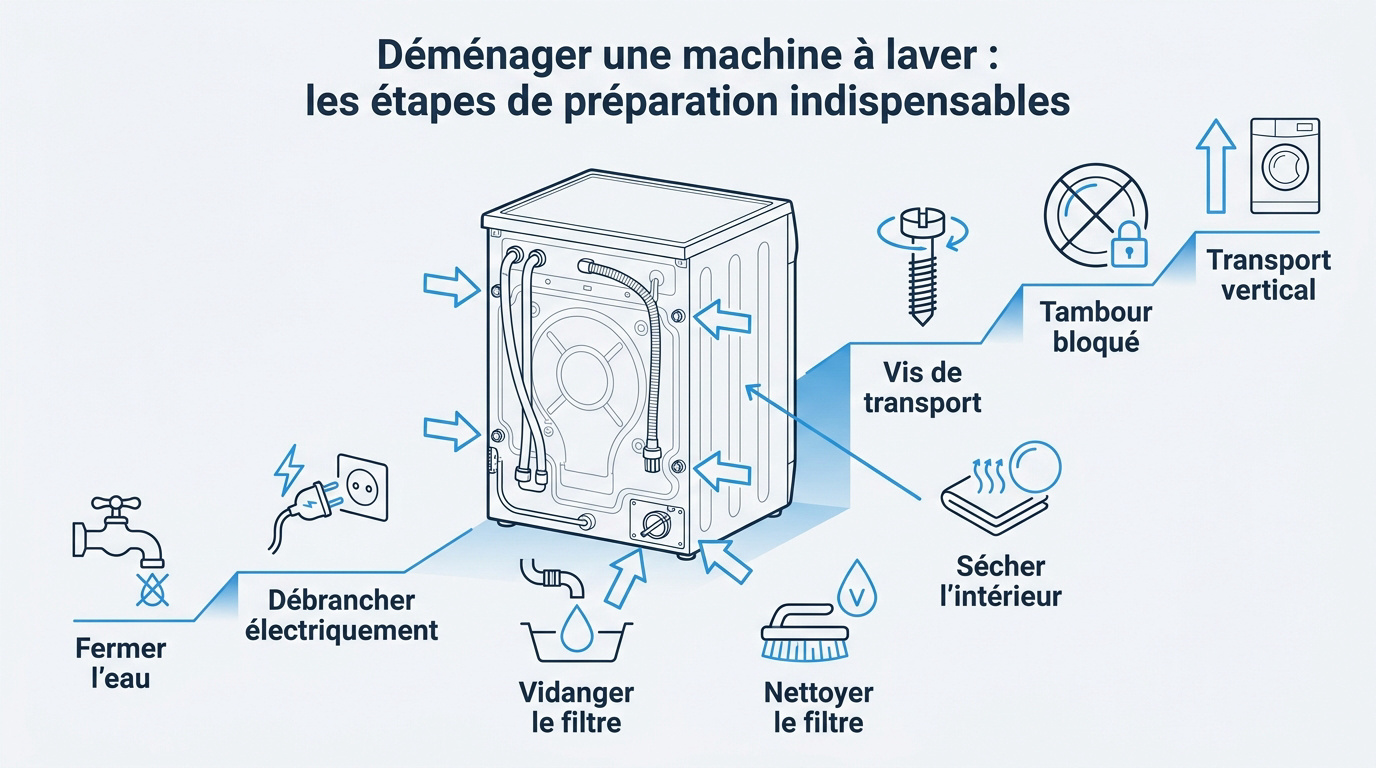 Préparation et vidange d'une machine à laver avant un déménagement