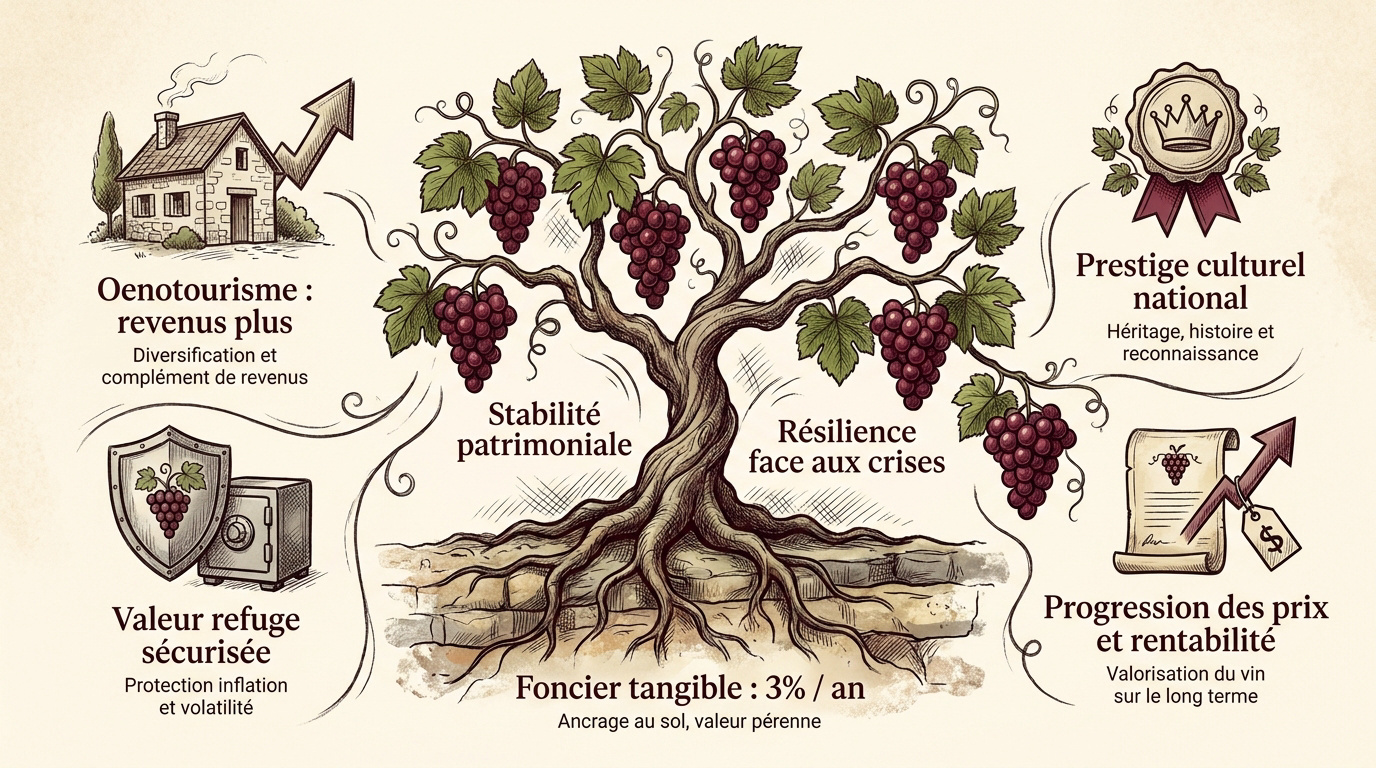 Vignoble français ensoleillé représentant la stabilité d'un investissement foncier durable