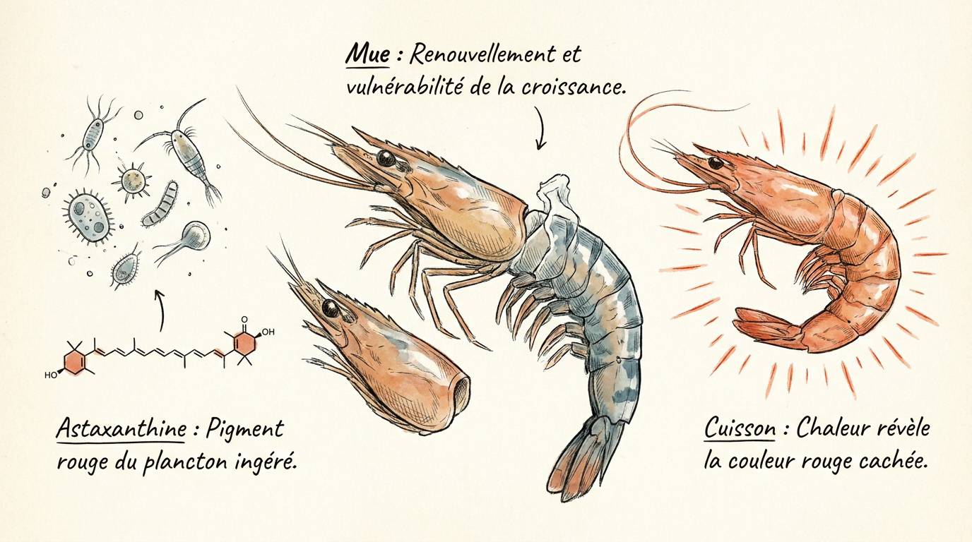 Schéma du cycle de vie d'une crevette et processus de pigmentation par l'astaxanthine