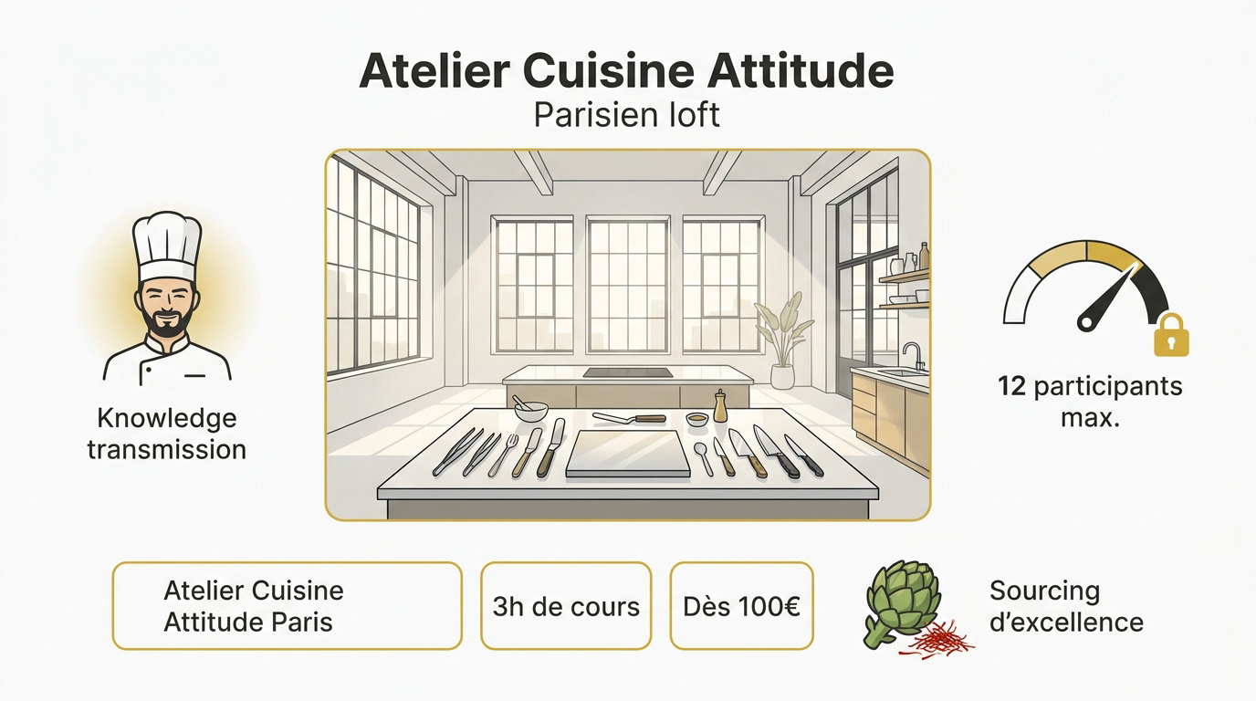 Intérieur lumineux de l'atelier Cuisine Attitude avec sa grande verrière et son plan de travail professionnel