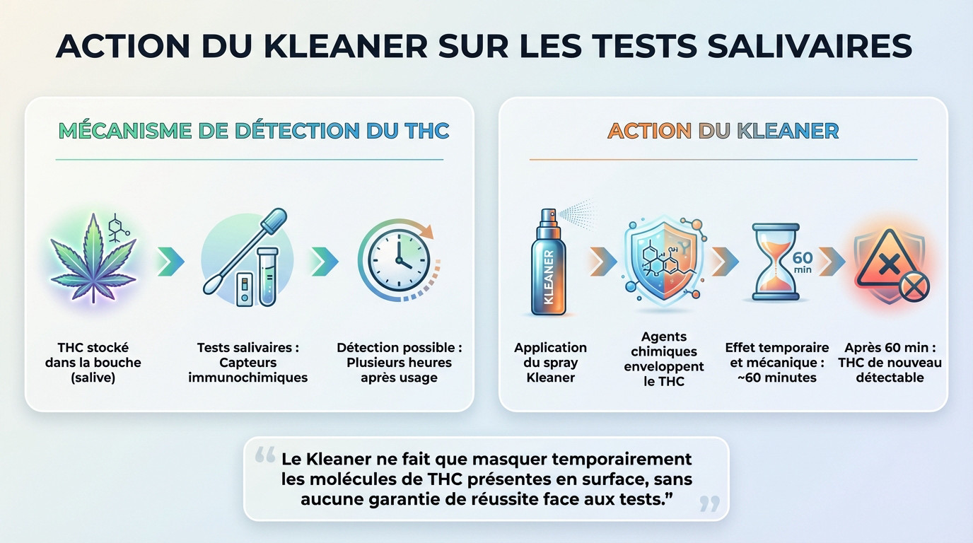 Schéma explicatif de l'action du spray Kleaner sur les molécules de THC lors d'un test salivaire