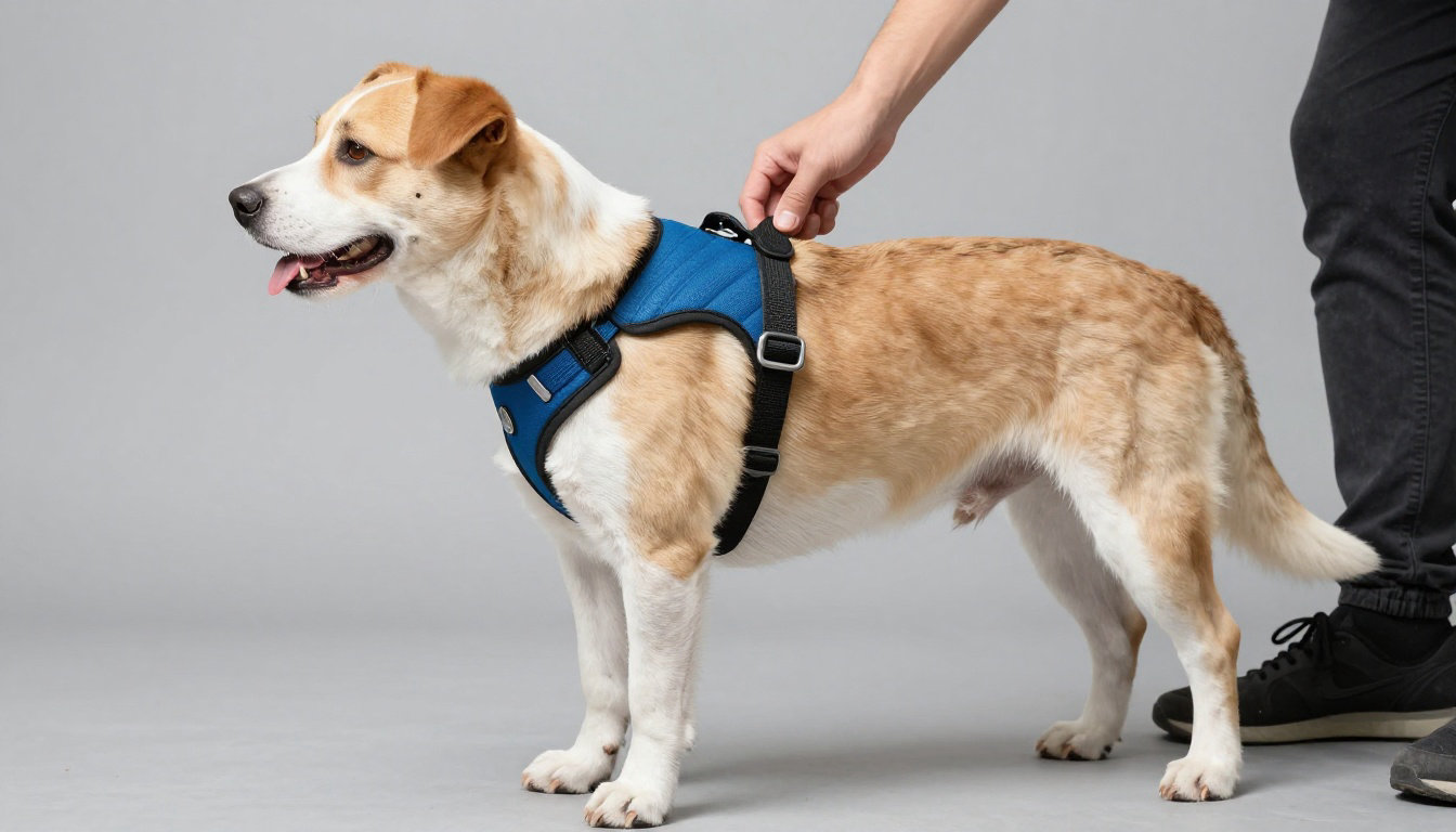 Ajustement du harnais bleu sur un chien