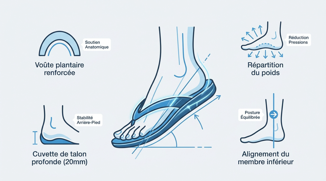 Infographie détaillant les caractéristiques techniques des tongs orthopédiques pour femme