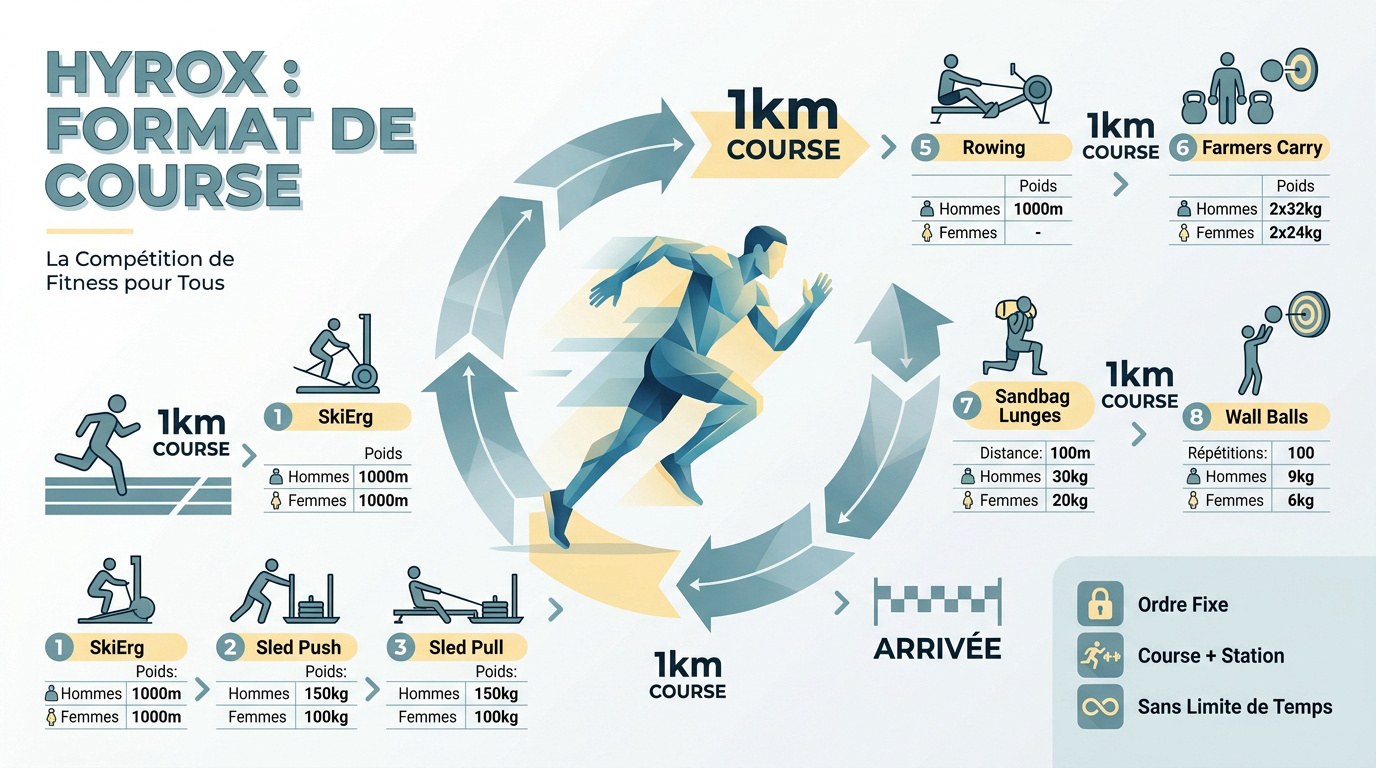 Schéma de l'ordre des épreuves et stations d'une course Hyrox