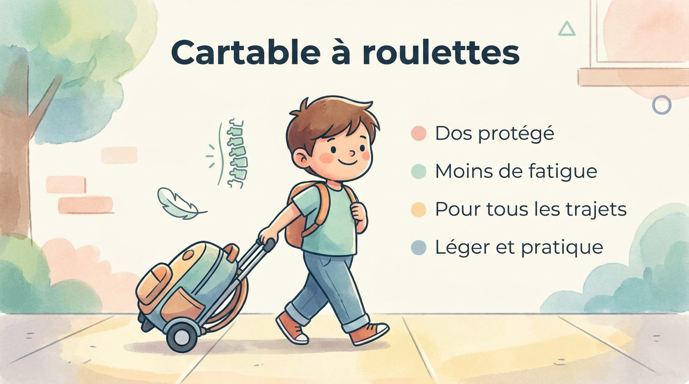 Cartable à roulettes : pour qui, pour quel usage ? Enfant tirant son cartable à roulettes avec aisance sur le chemin de l'école