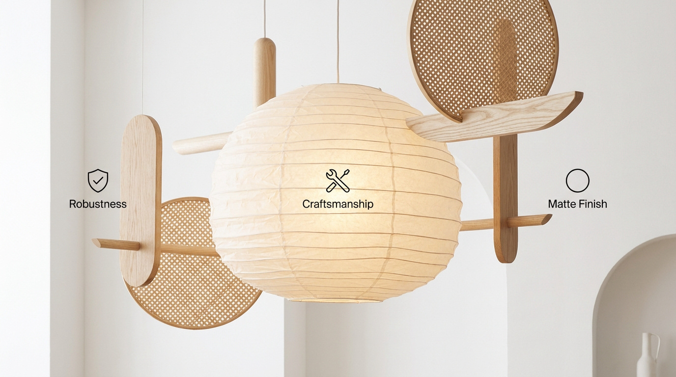 Lustre japandi en bois clair et design minimaliste pour un salon zen
