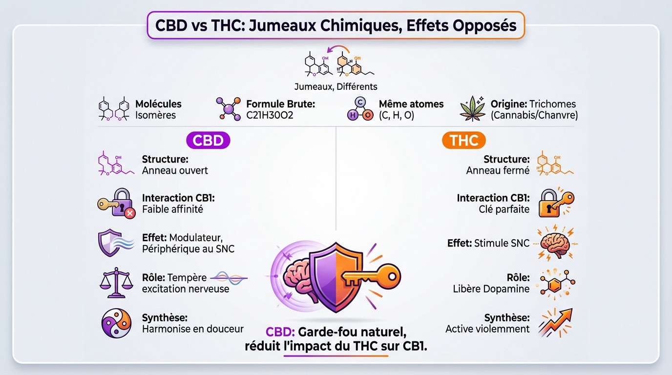 Schéma comparatif de la structure moléculaire entre CBD et THC