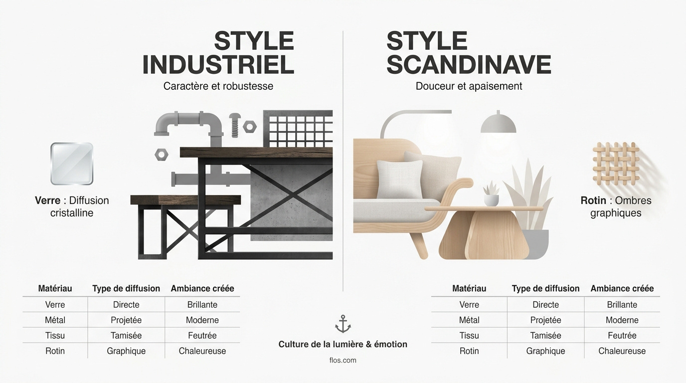 Comparaison visuelle entre un luminaire de style industriel en métal et une lampe scandinave en bois clair