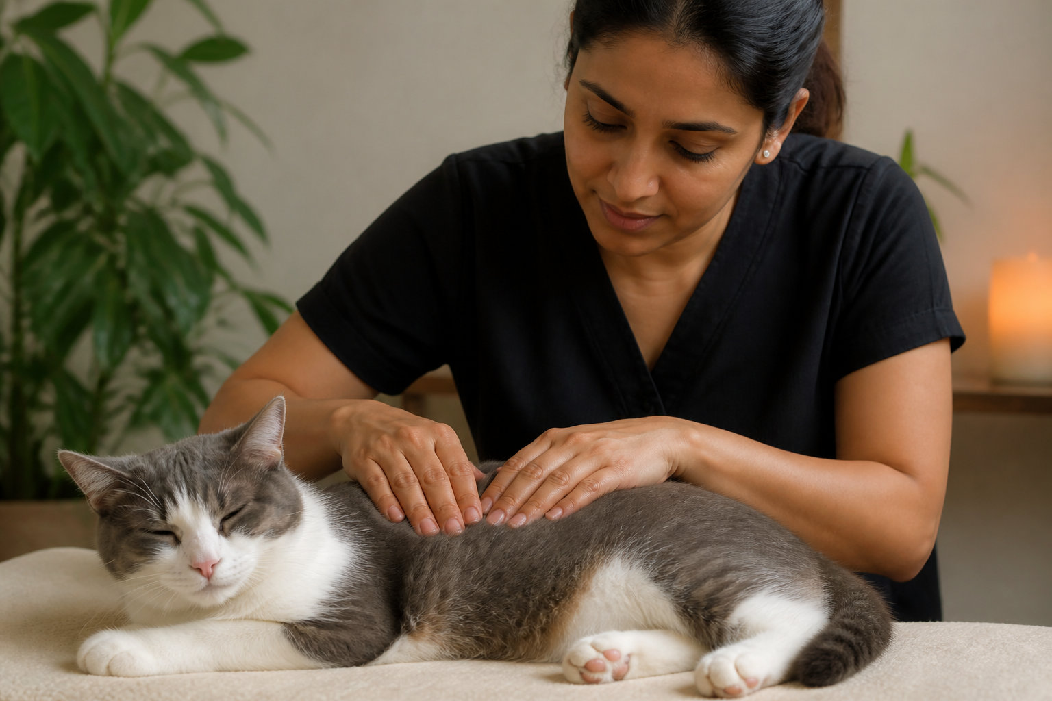 Praticienne massant un chat détendu lors d'une séance de bien-être
