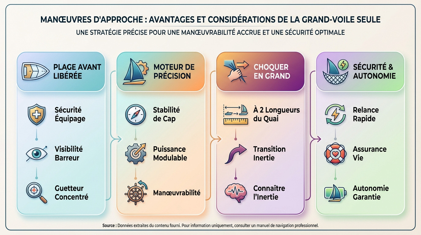 Voilier en approche de bouée sous grand-voile seule, équipier prêt à l'avant avec une gaffe