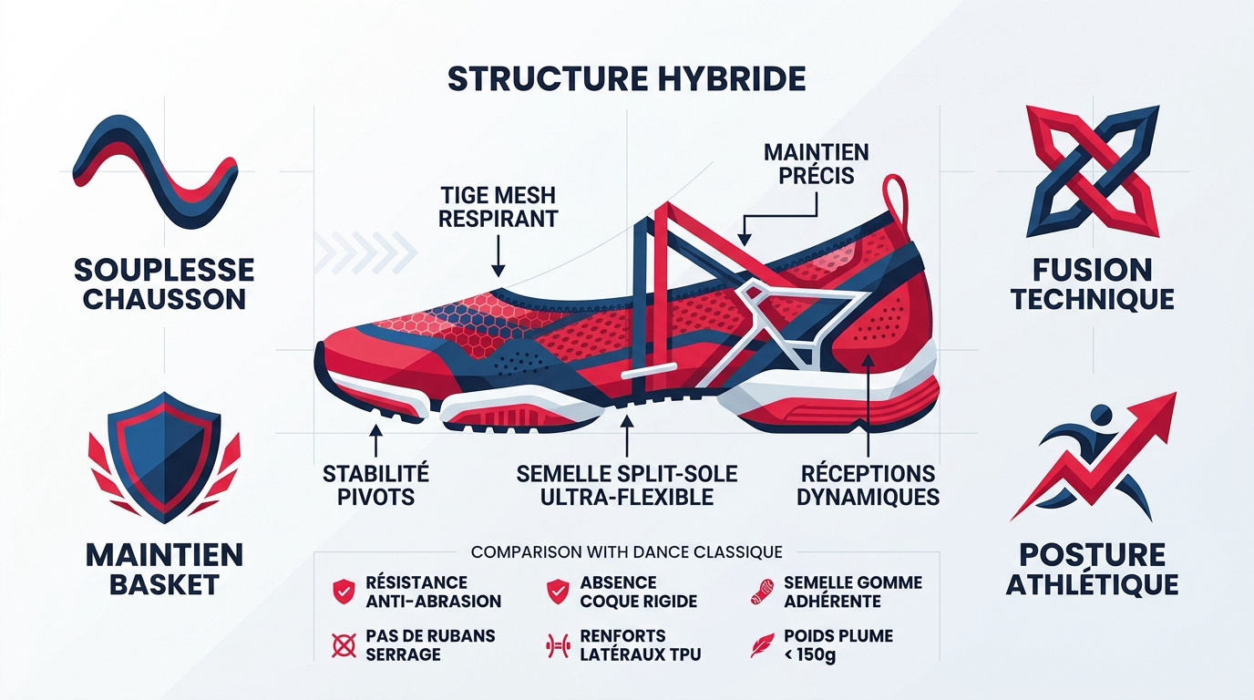 Infographie montrant la structure hybride d'une chaussure de sport avec semelle split-sole et tige en mesh