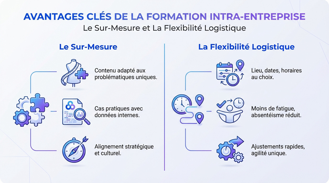 Schéma illustrant les avantages de la formation intra-entreprise : adaptation et flexibilité