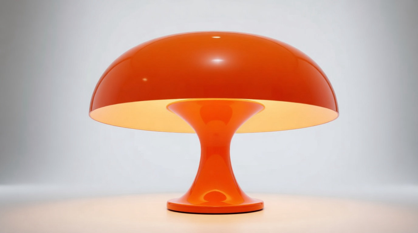 Lampe champignon orange design années 70 — style Space Age en plastique laqué et verre de Murano
