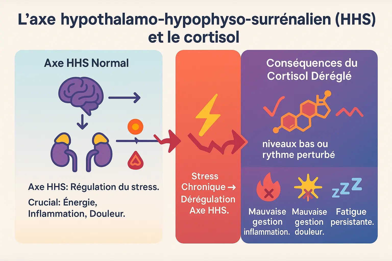 Représentation visuelle de l'axe hypothalamo-hypophyso-surrénalien (HHS) et de la production de cortisol