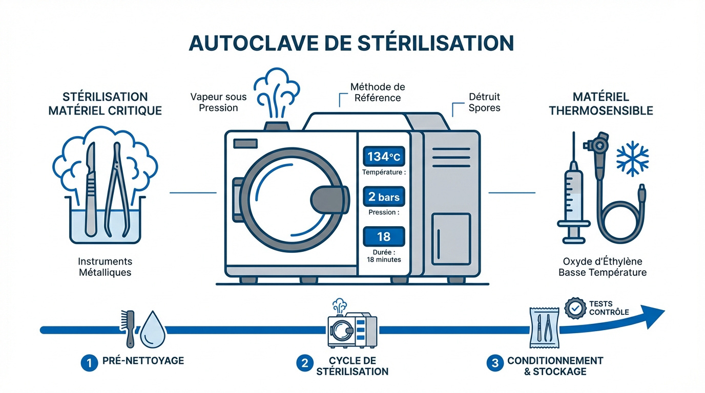 Infographie d&eacute;taillant les cycles de st&eacute;rilisation en autoclave pour le mat&eacute;riel m&eacute;dical