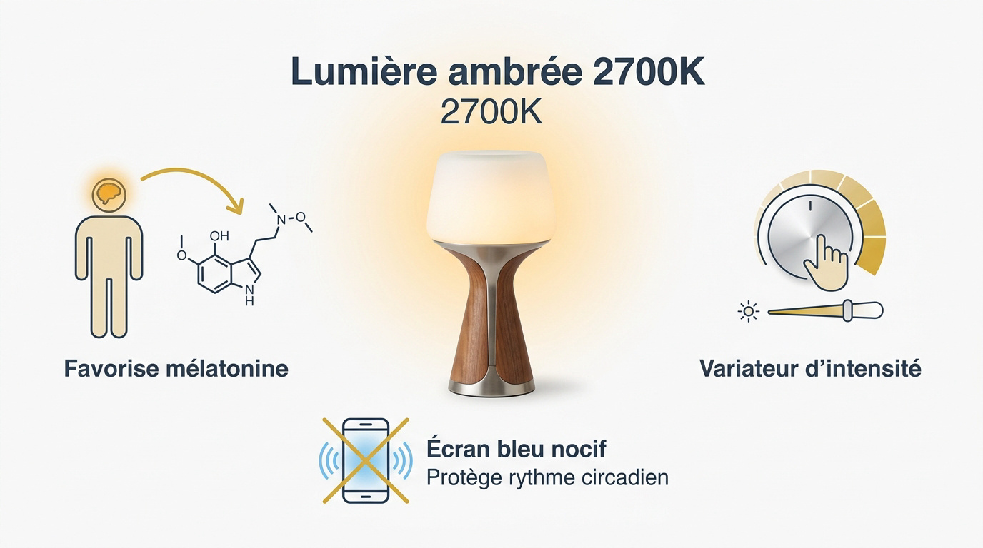 Lampe de chevet diffusant une lumière ambrée de 2700K pour favoriser le sommeil
