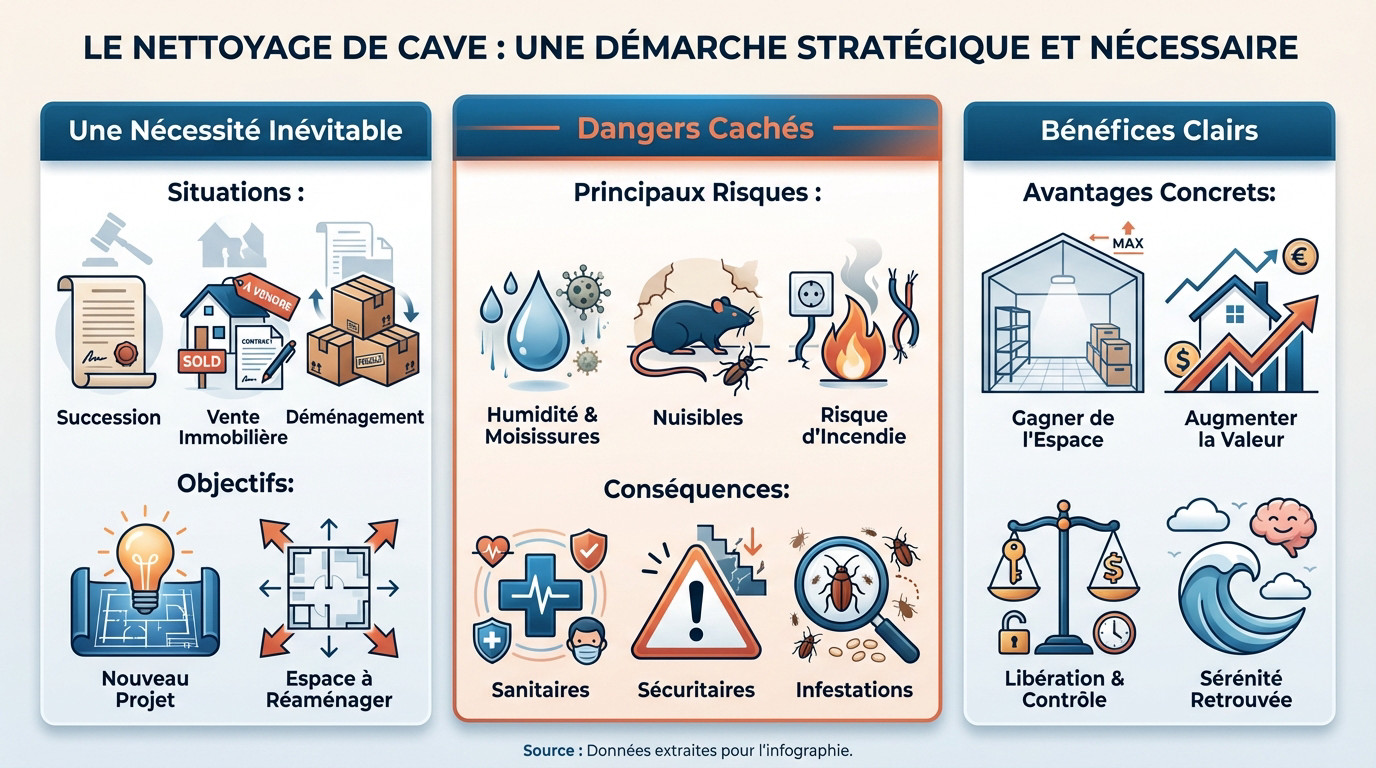 Cave encombrée présentant des risques d'humidité et d'incendie nécessitant un débarras professionnel