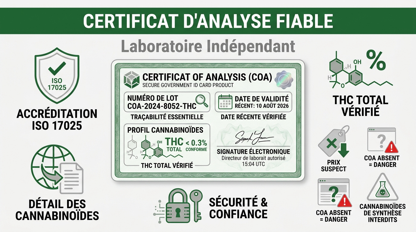 Exemple de certificat d'analyse COA garantissant un produit CBD sans THC