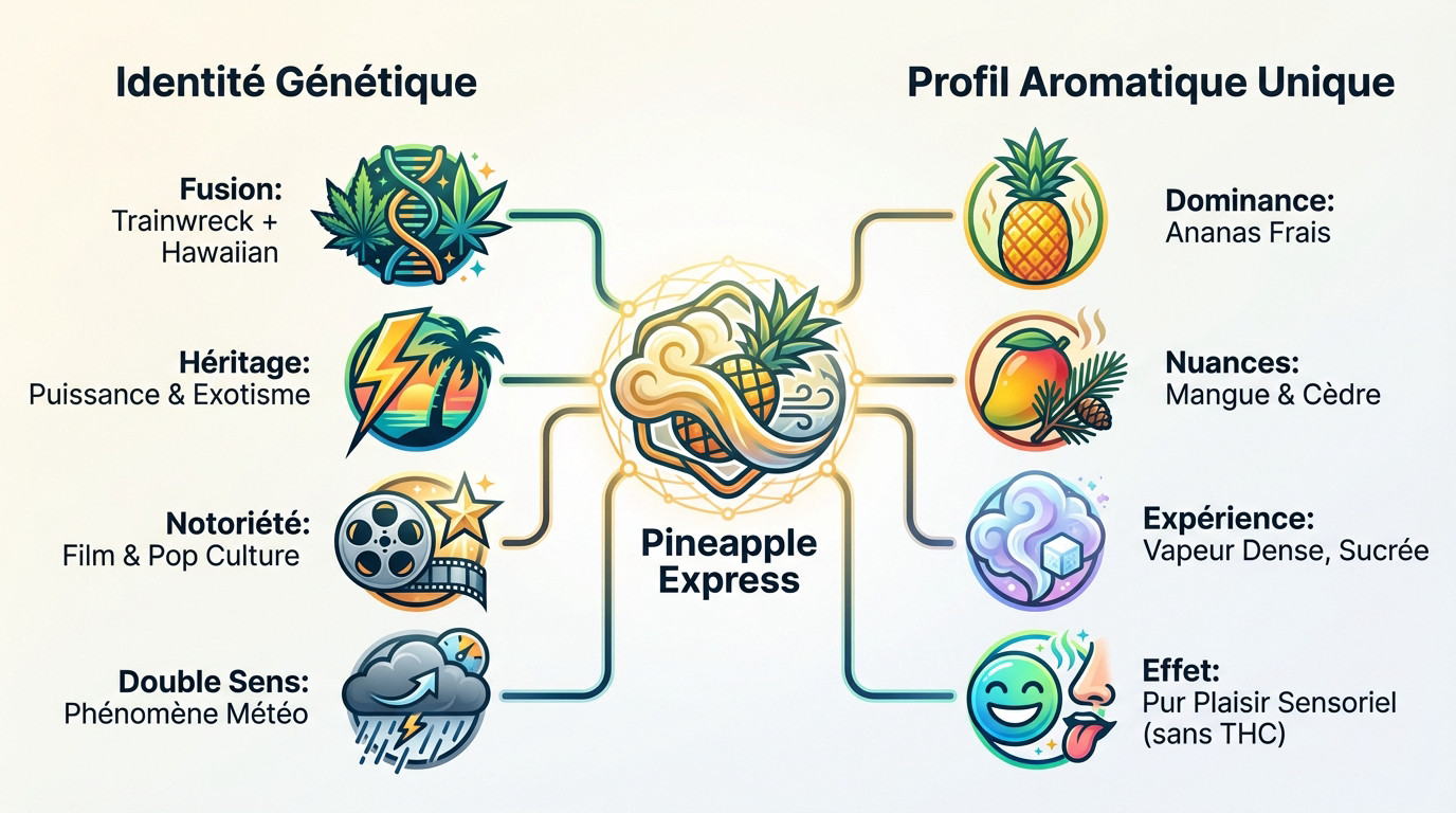 Infographie détaillant l'identité génétique et le profil aromatique ananas de la Pineapple Express
