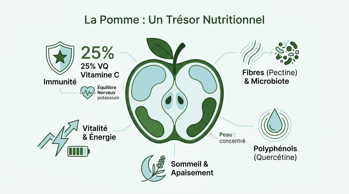 Infographie détaillant les nutriments et les vertus de la pomme pour l'organisme