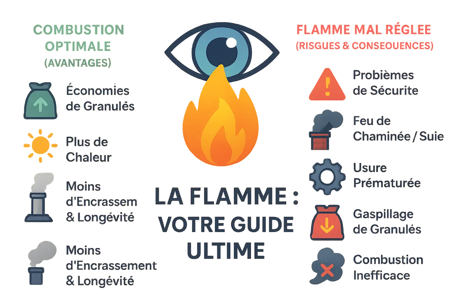 Guide visuel des différents types de flammes d'un poêle à granulés pour un réglage optimal de l'air.