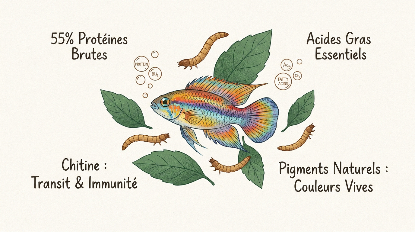 Larves d'insectes séchées riches en protéines pour l'alimentation des poissons d'aquarium