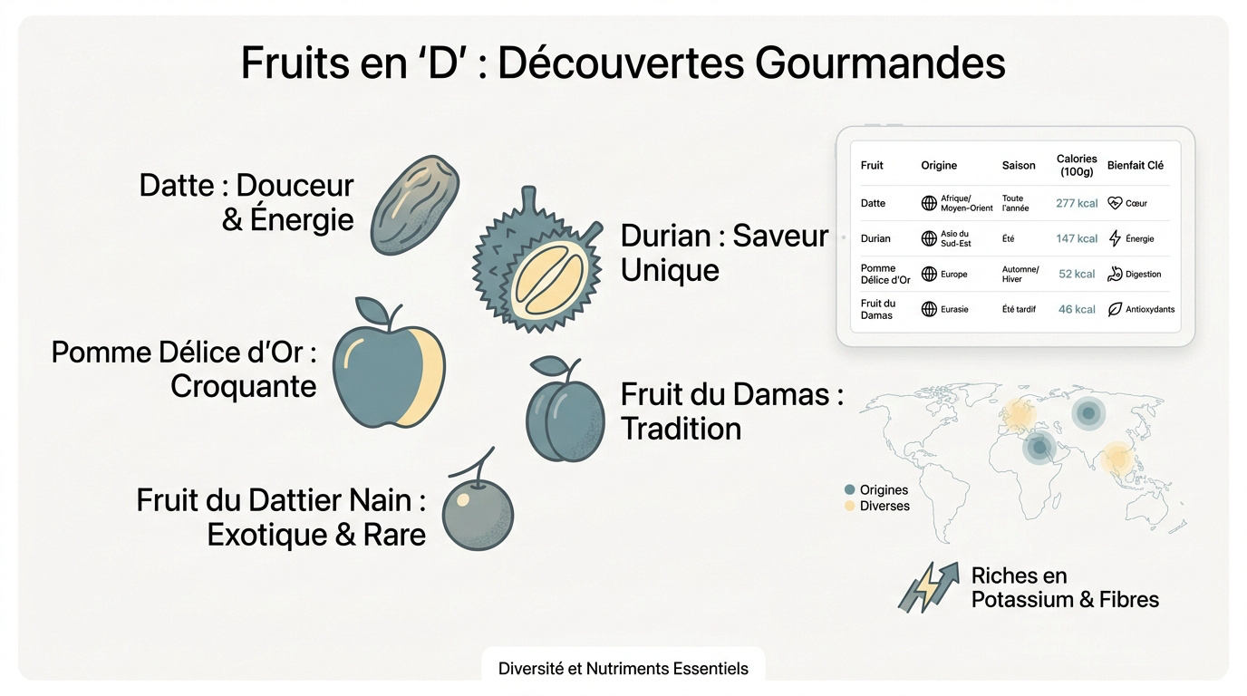 Sélection de fruits commençant par la lettre D comme la datte et le durian