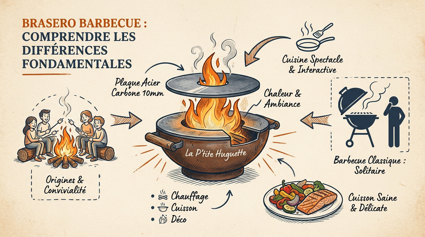 Brasero design en acier avec plaque de cuisson circulaire pour jardin