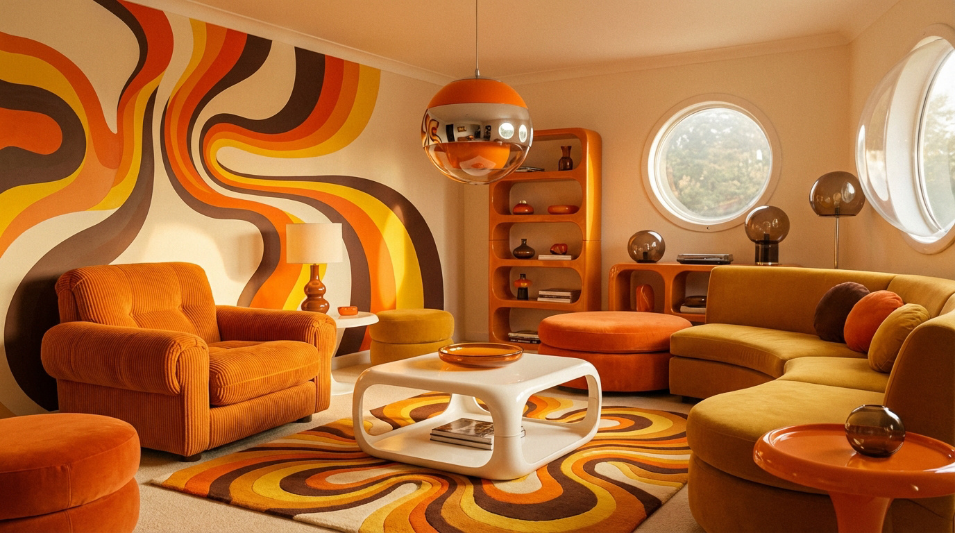 Salon rétro futuriste années 70 avec fauteuils ronds, couleurs orange et marron — design Space Age