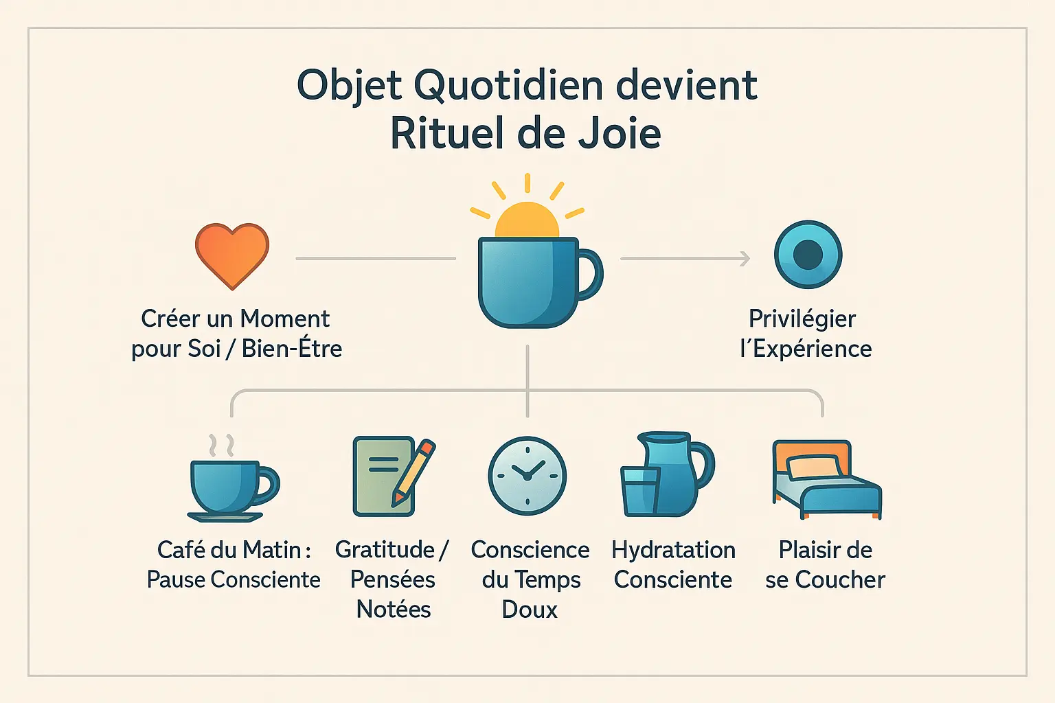 Illustration d'<strong>objets simples transformés en rituels de joie</strong>