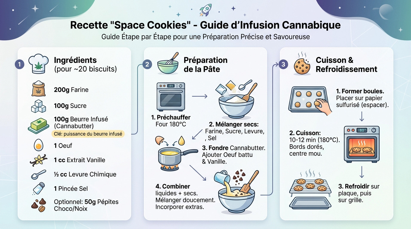 Ingrédients disposés pour préparer des space cookies CBD maison : farine, beurre, sucre, œufs et fleurs de chanvre
