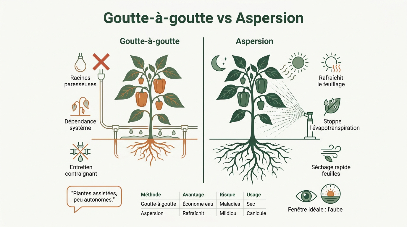 Comparaison visuelle entre irrigation par goutte-à-goutte et aspersion pour plants de piments